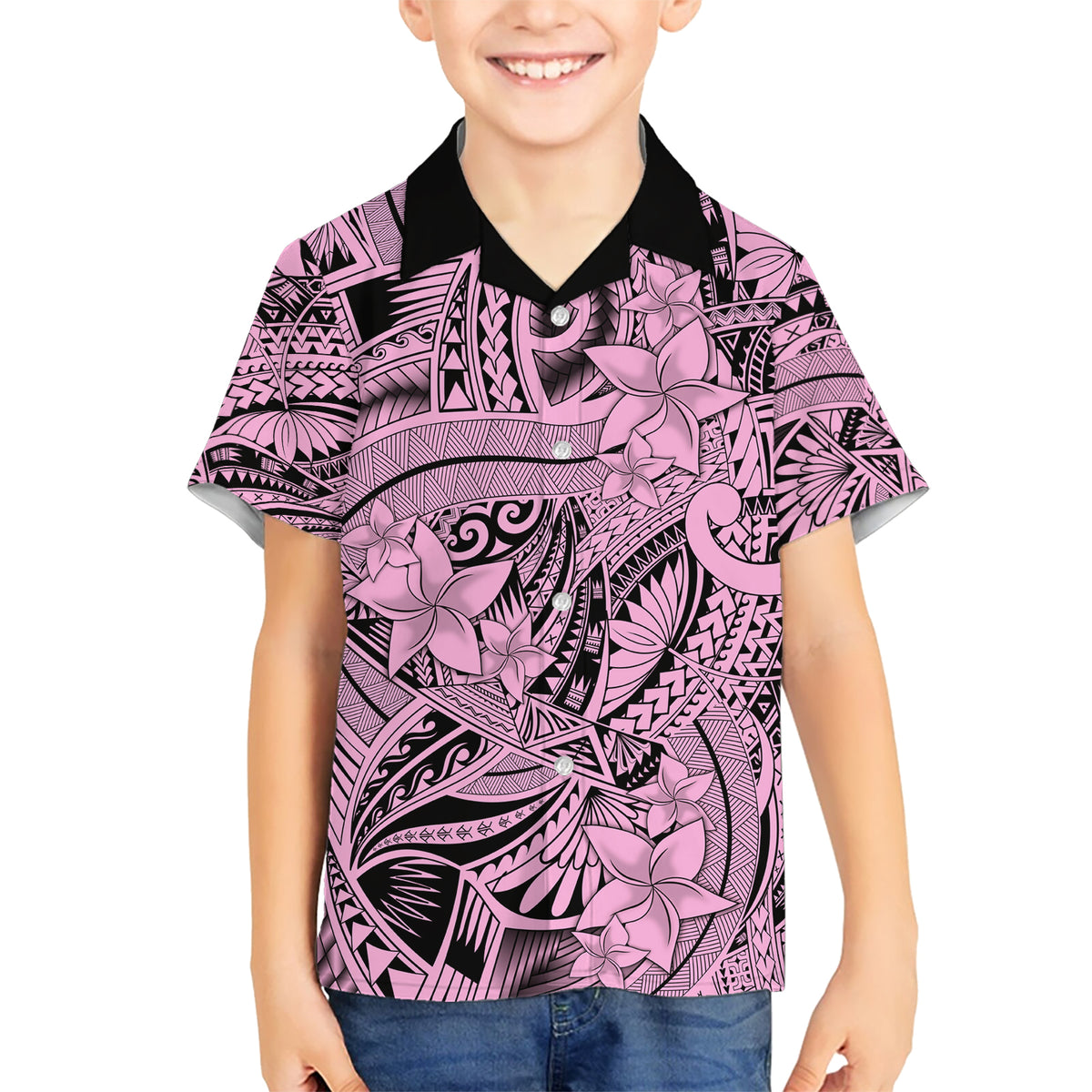 Polynesia Kid Hawaiian Shirt Tribal Polynesian Spirit With Pink Pacific Flowers - Wonder Print Shop