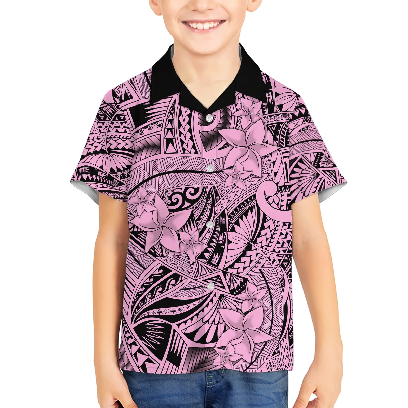 Polynesia Kid Hawaiian Shirt Tribal Polynesian Spirit With Pink Pacific Flowers - Wonder Print Shop