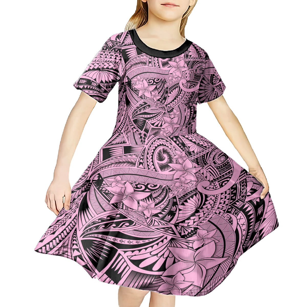 Polynesia Kid Short Sleeve Dress Tribal Polynesian Spirit With Pink Pacific Flowers - Wonder Print Shop