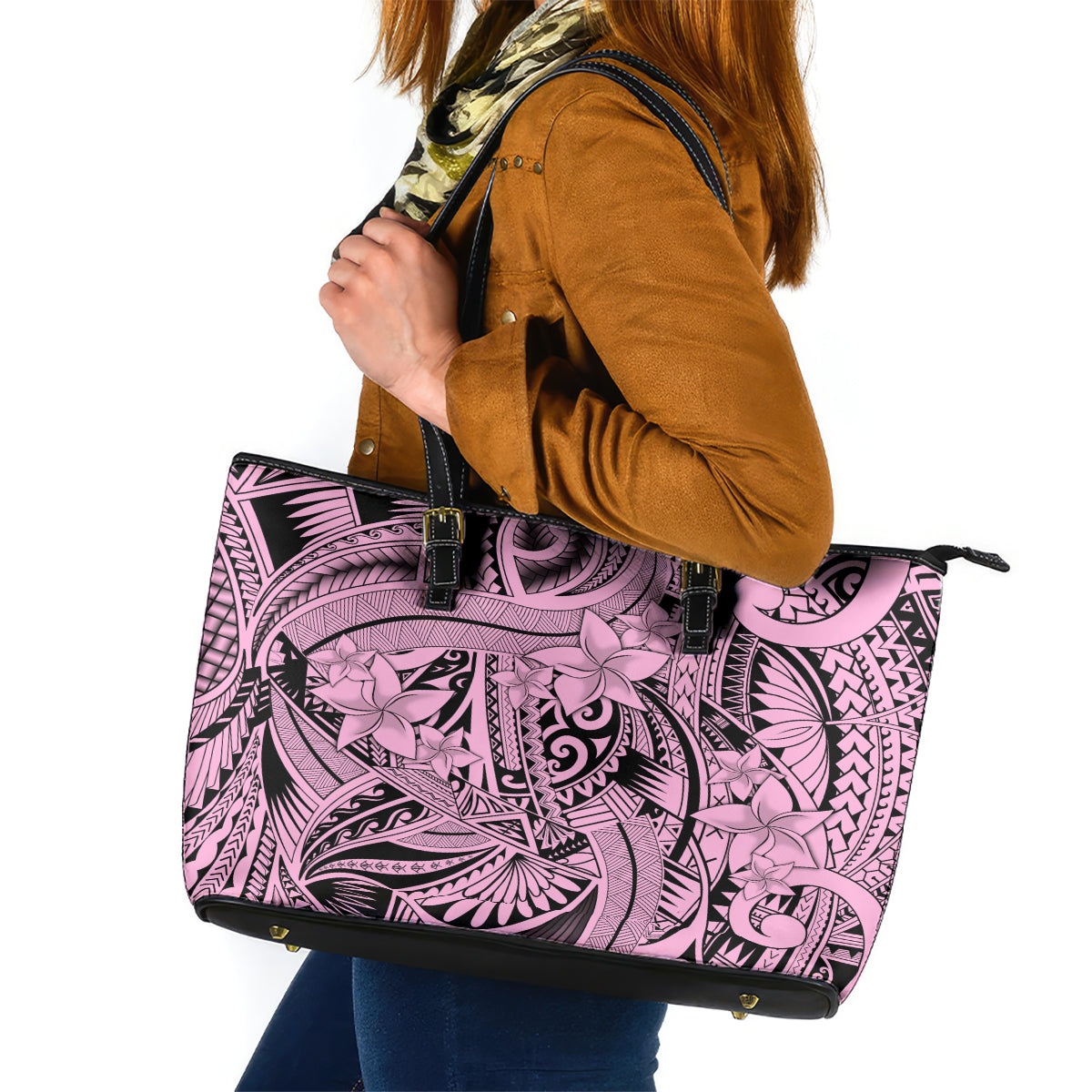 Polynesia Leather Tote Bag Tribal Polynesian Spirit With Pink Pacific Flowers - Wonder Print Shop