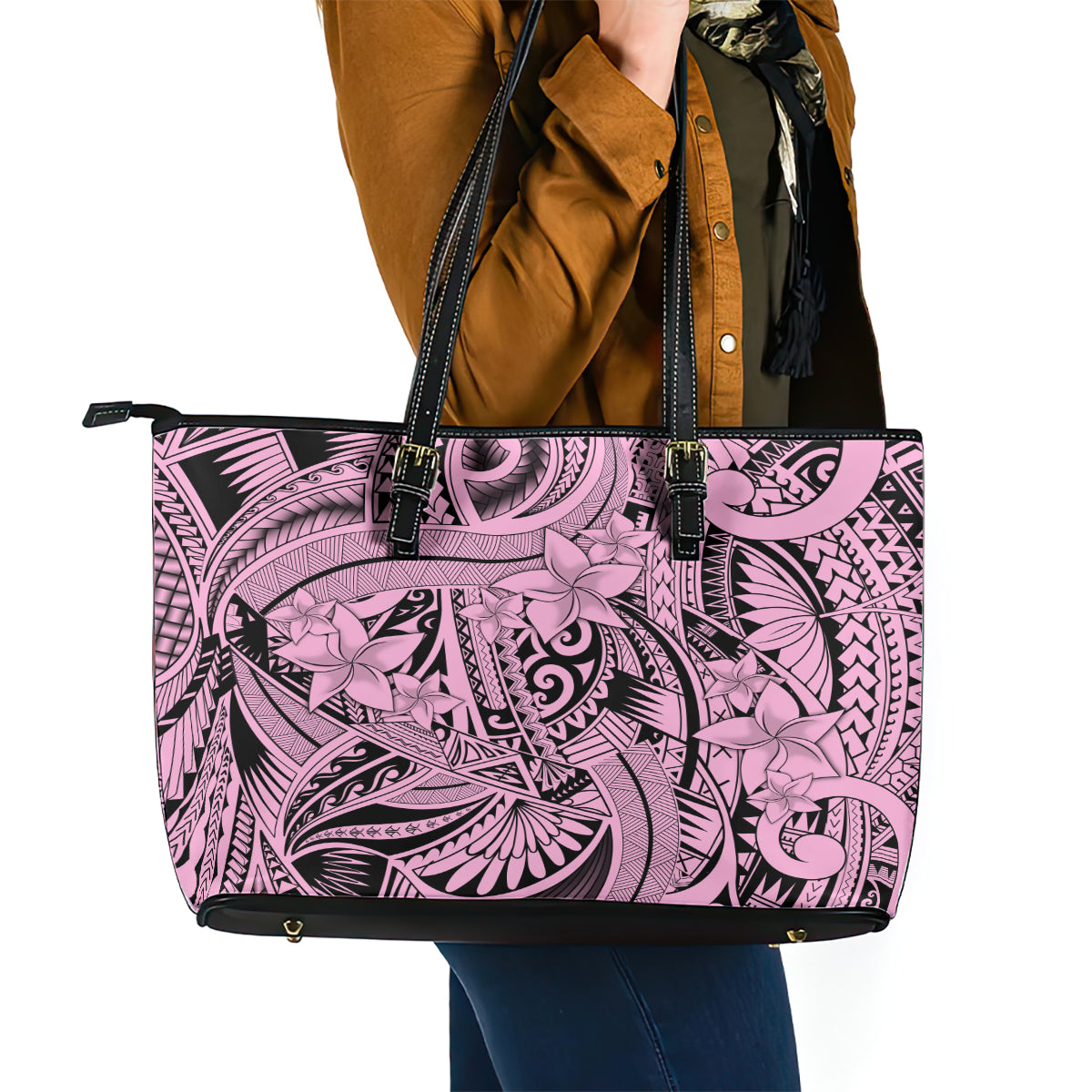 Polynesia Leather Tote Bag Tribal Polynesian Spirit With Pink Pacific Flowers - Wonder Print Shop