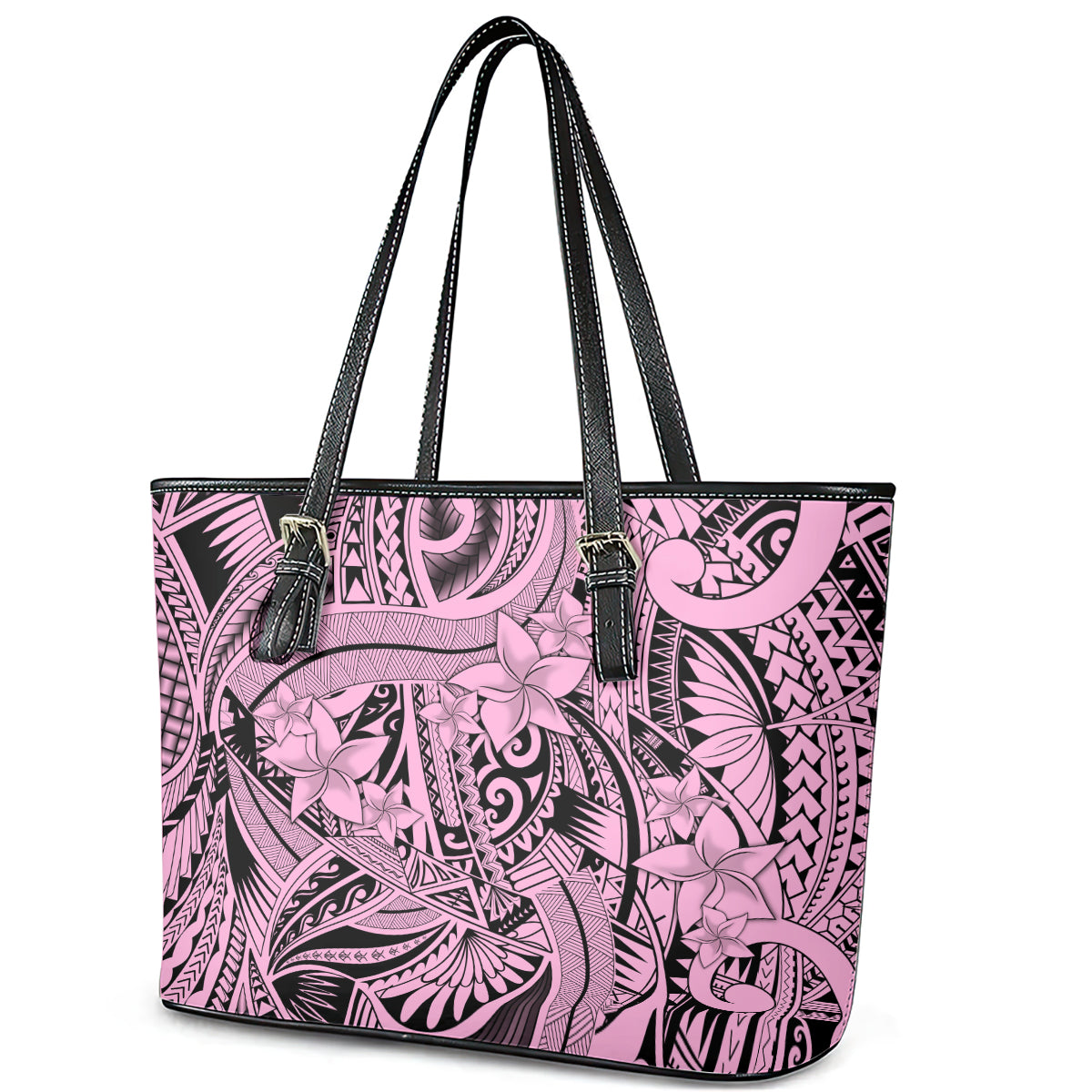 Polynesia Leather Tote Bag Tribal Polynesian Spirit With Pink Pacific Flowers - Wonder Print Shop