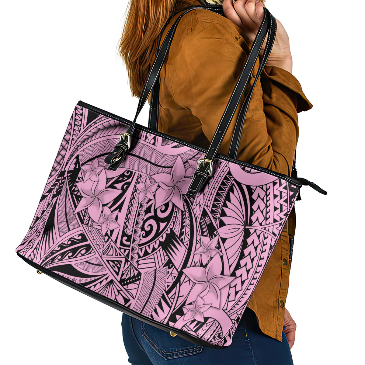Polynesia Leather Tote Bag Tribal Polynesian Spirit With Pink Pacific Flowers - Wonder Print Shop