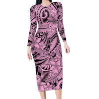 Polynesia Long Sleeve Bodycon Dress Tribal Polynesian Spirit With Pink Pacific Flowers - Wonder Print Shop