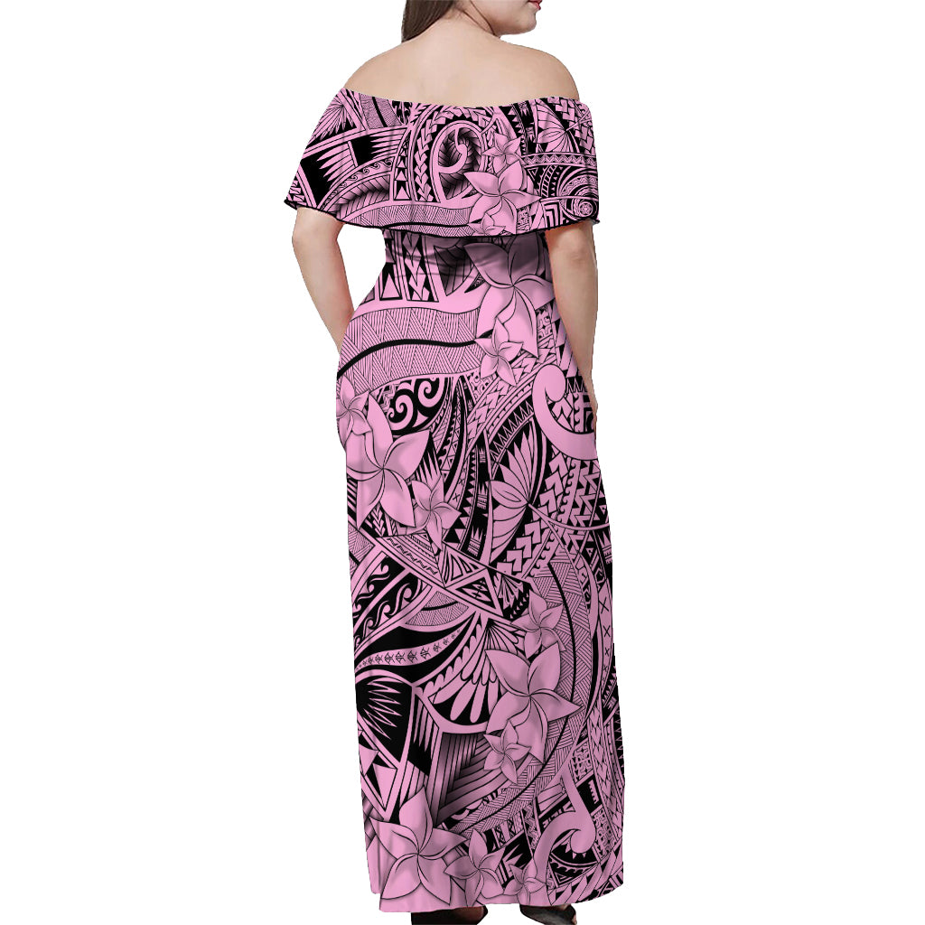 Polynesia Off Shoulder Maxi Dress Tribal Polynesian Spirit With Pink Pacific Flowers - Wonder Print Shop