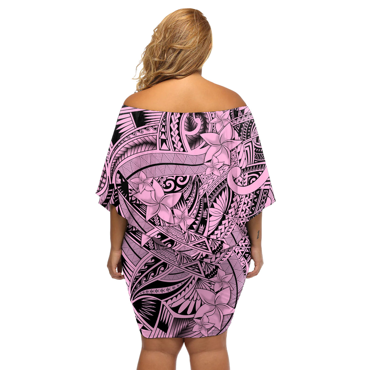 Polynesia Off Shoulder Short Dress Tribal Polynesian Spirit With Pink Pacific Flowers - Wonder Print Shop