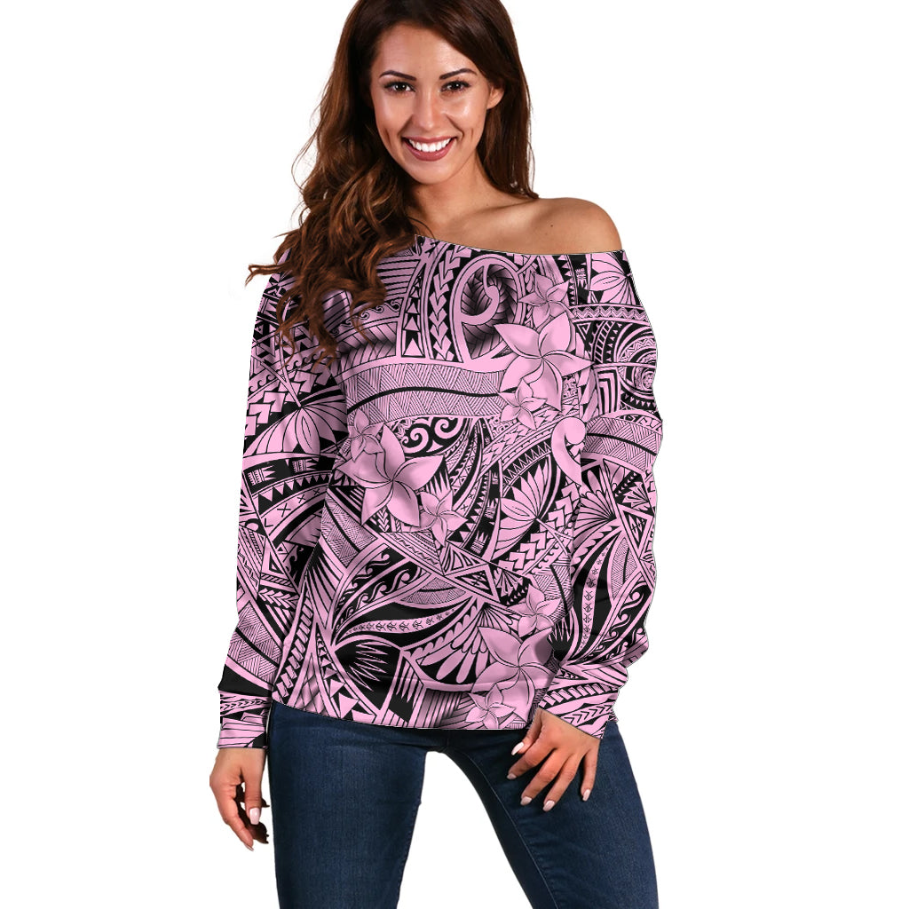 Polynesia Off Shoulder Sweater Tribal Polynesian Spirit With Pink Pacific Flowers - Wonder Print Shop