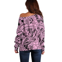 Polynesia Off Shoulder Sweater Tribal Polynesian Spirit With Pink Pacific Flowers - Wonder Print Shop
