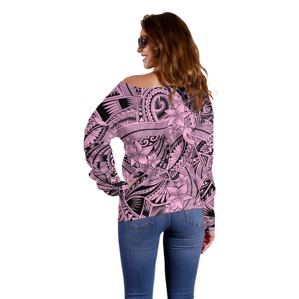 Polynesia Off Shoulder Sweater Tribal Polynesian Spirit With Pink Pacific Flowers - Wonder Print Shop