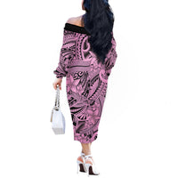 Polynesia Off The Shoulder Long Sleeve Dress Tribal Polynesian Spirit With Pink Pacific Flowers - Wonder Print Shop