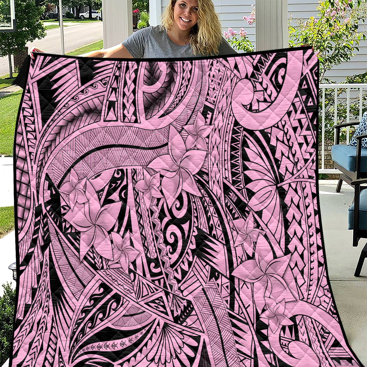 Polynesia Quilt Tribal Polynesian Spirit With Pink Pacific Flowers - Wonder Print Shop