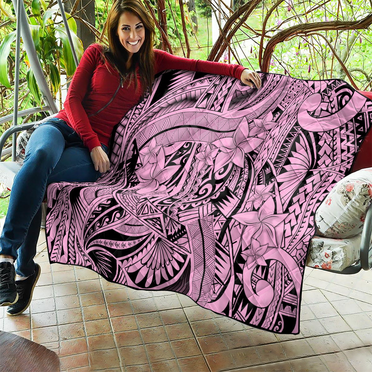 Polynesia Quilt Tribal Polynesian Spirit With Pink Pacific Flowers - Wonder Print Shop