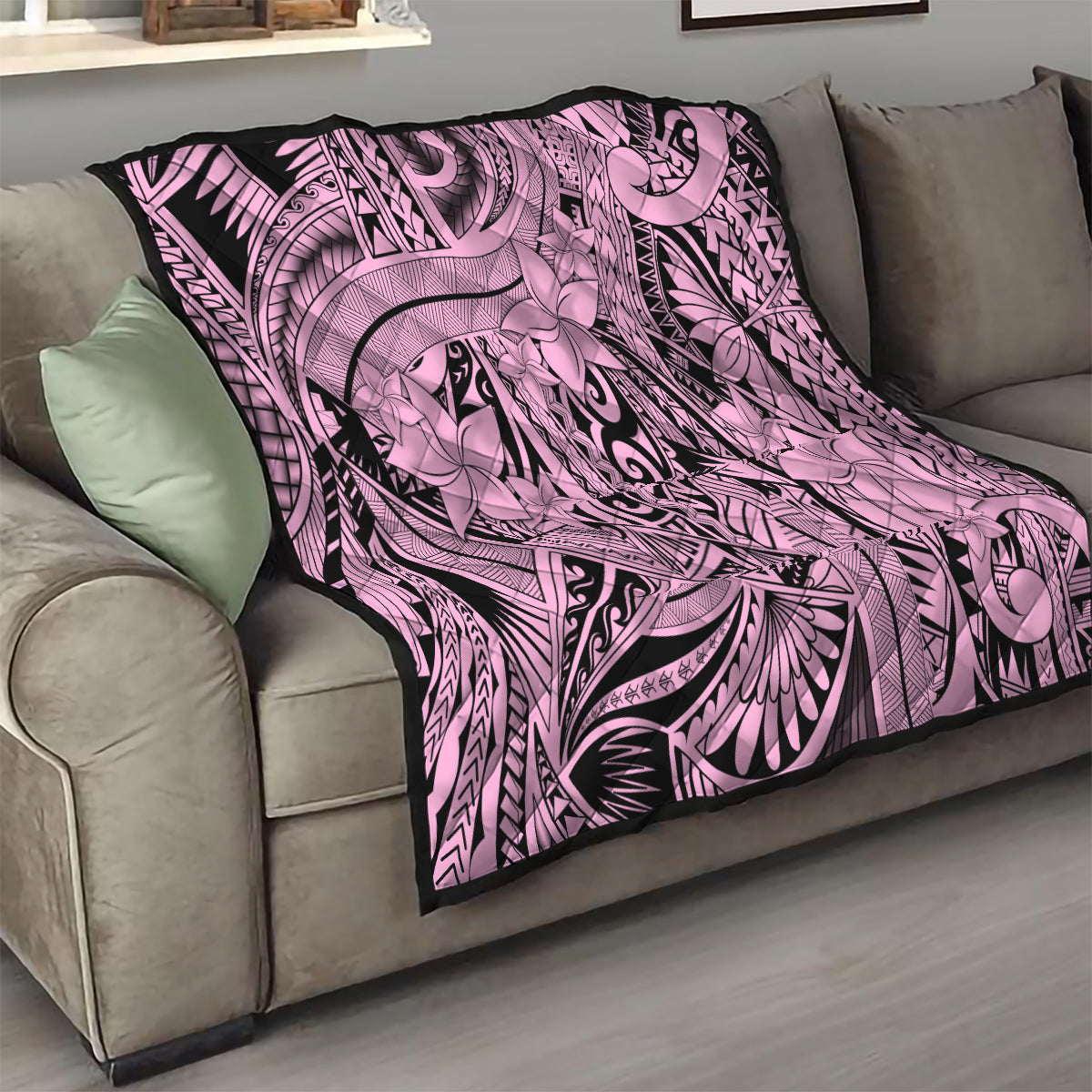 Polynesia Quilt Tribal Polynesian Spirit With Pink Pacific Flowers - Wonder Print Shop