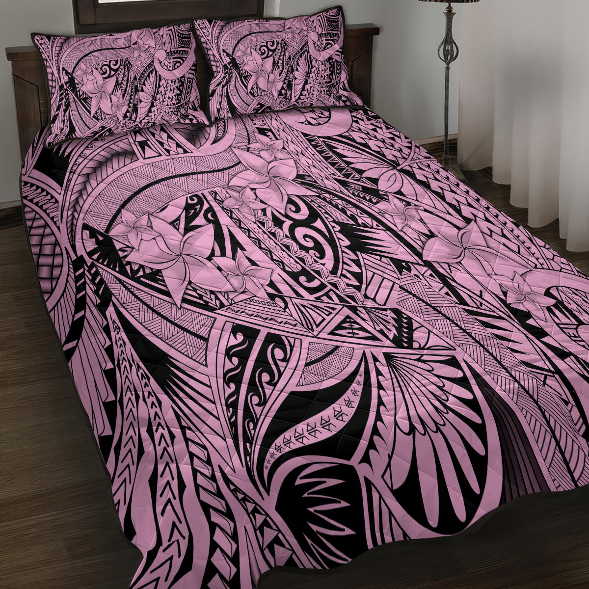Polynesia Quilt Bed Set Tribal Polynesian Spirit With Pink Pacific Flowers - Wonder Print Shop