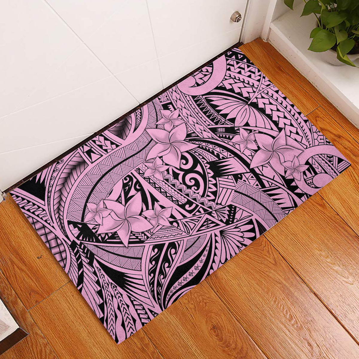 Polynesia Rubber Doormat Tribal Polynesian Spirit With Pink Pacific Flowers - Wonder Print Shop
