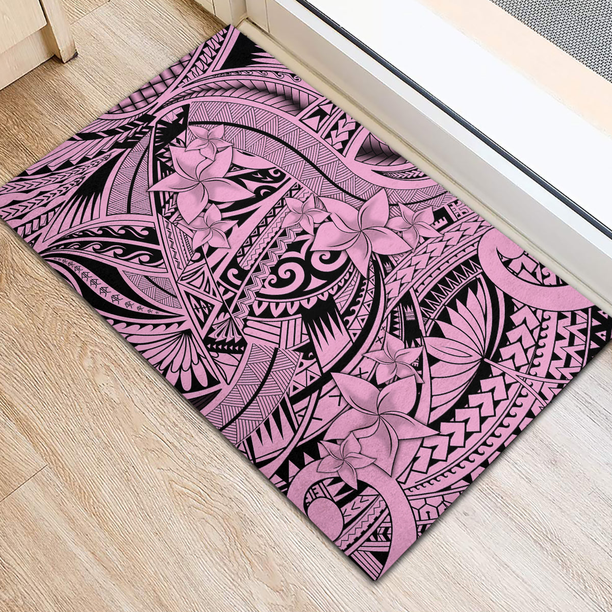 Polynesia Rubber Doormat Tribal Polynesian Spirit With Pink Pacific Flowers - Wonder Print Shop