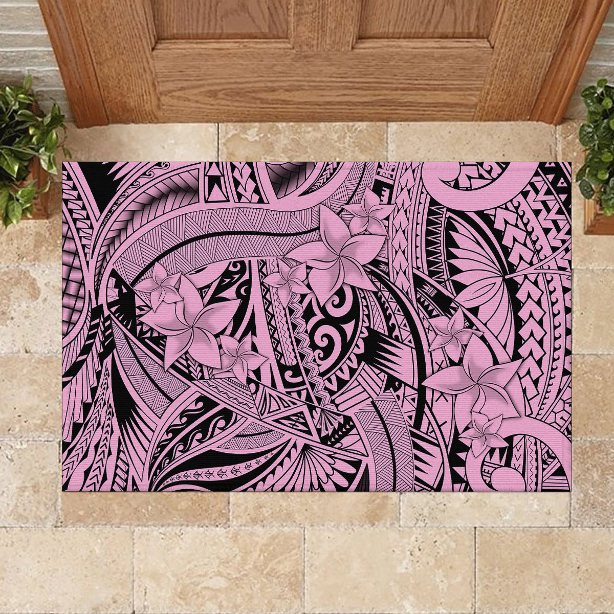 Polynesia Rubber Doormat Tribal Polynesian Spirit With Pink Pacific Flowers - Wonder Print Shop