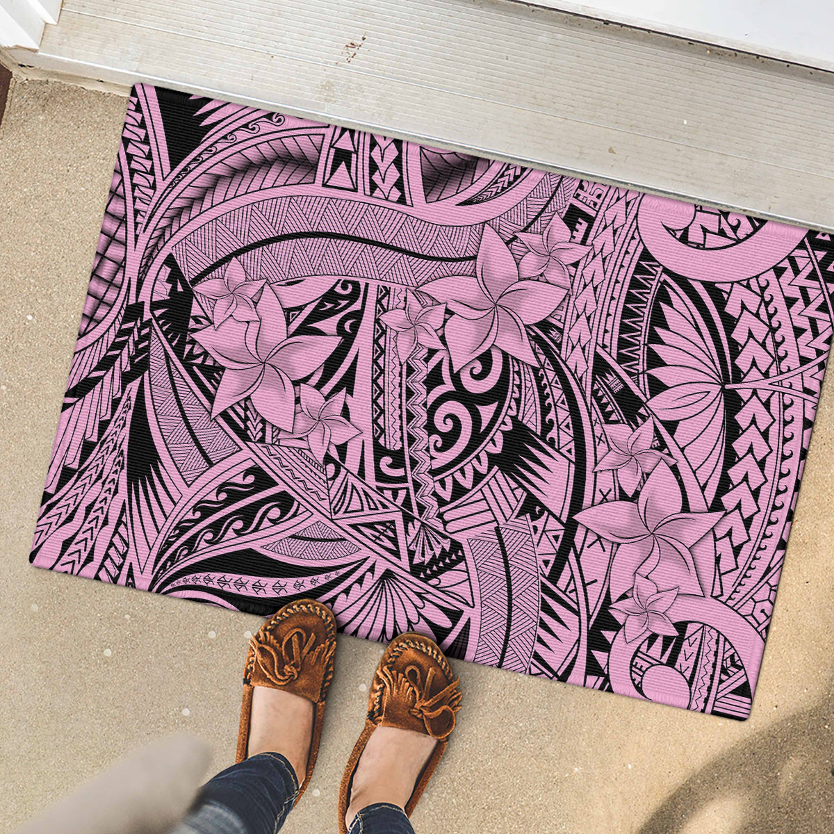 Polynesia Rubber Doormat Tribal Polynesian Spirit With Pink Pacific Flowers - Wonder Print Shop