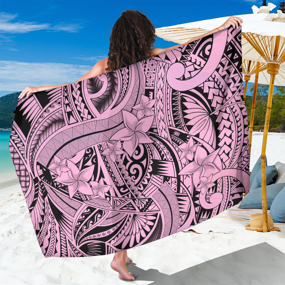 Polynesia Sarong Tribal Polynesian Spirit With Pink Pacific Flowers - Wonder Print Shop