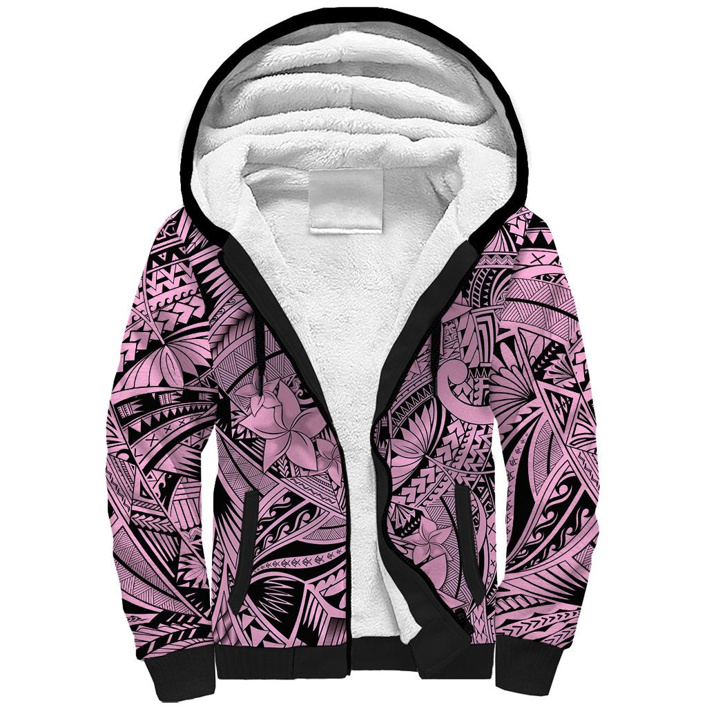 Polynesia Sherpa Hoodie Tribal Polynesian Spirit With Pink Pacific Flowers - Wonder Print Shop