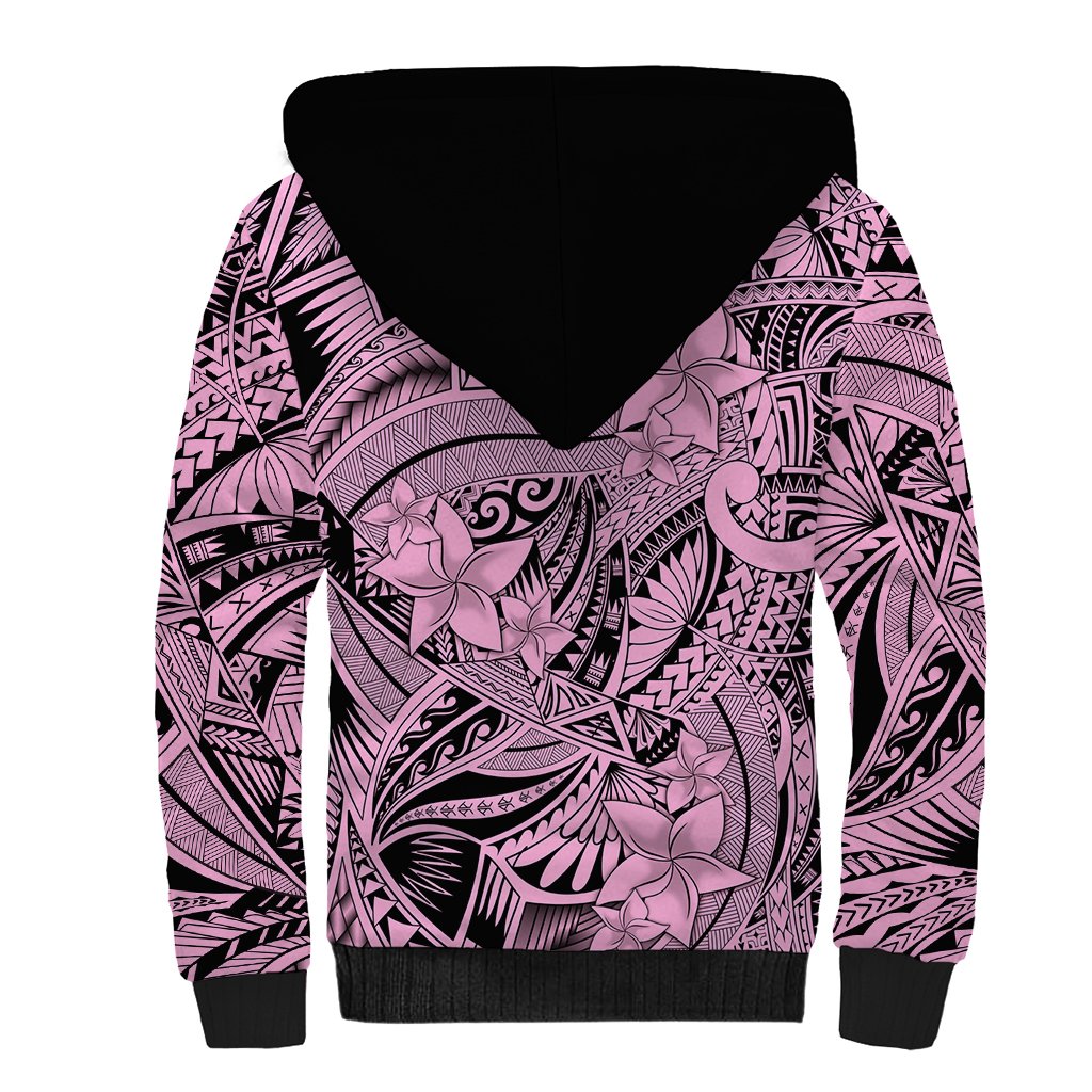 Polynesia Sherpa Hoodie Tribal Polynesian Spirit With Pink Pacific Flowers - Wonder Print Shop