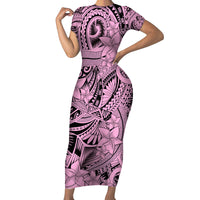 Polynesia Short Sleeve Bodycon Dress Tribal Polynesian Spirit With Pink Pacific Flowers - Wonder Print Shop