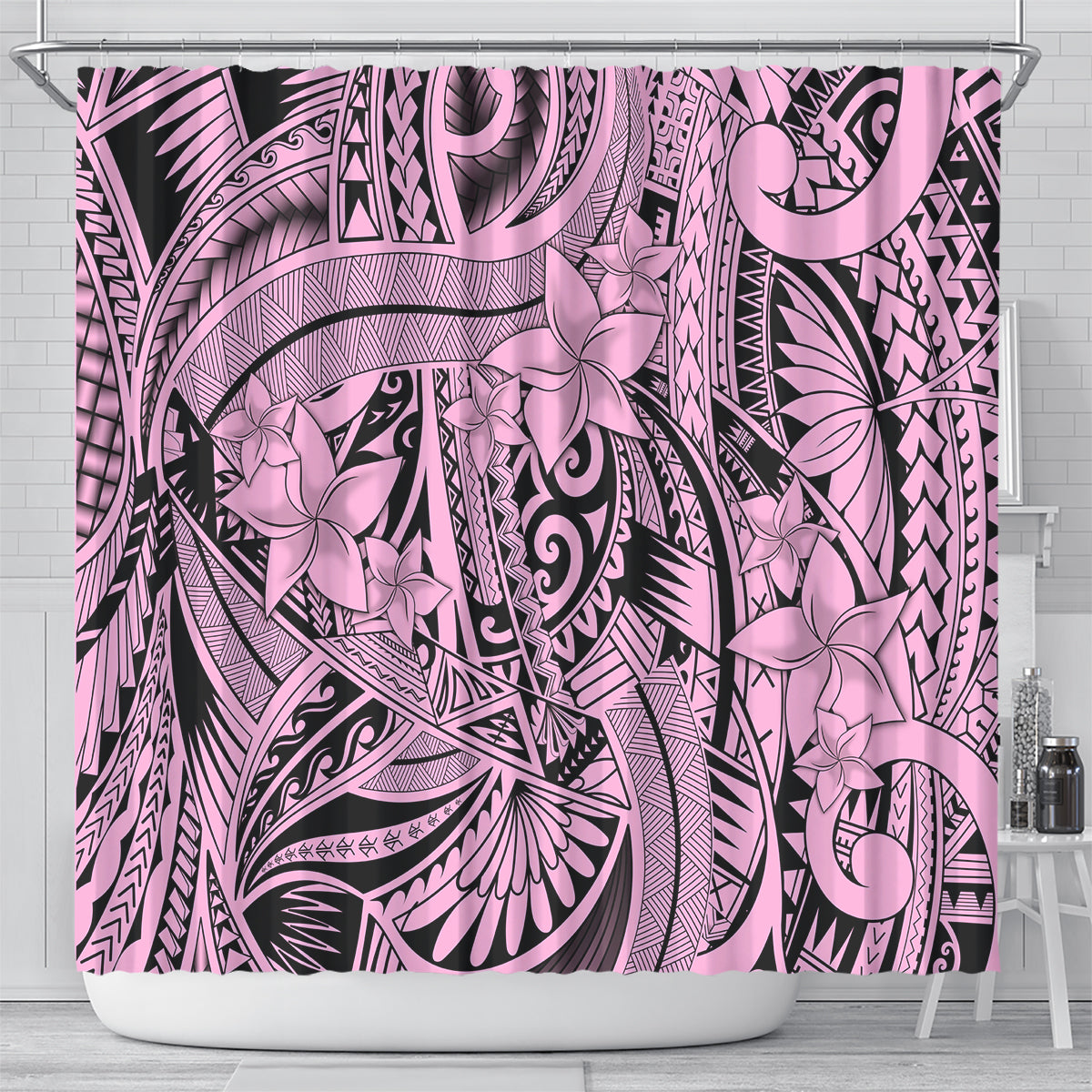 polynesia-shower-curtain-tribal-polynesian-spirit-with-pink-pacific-flowers