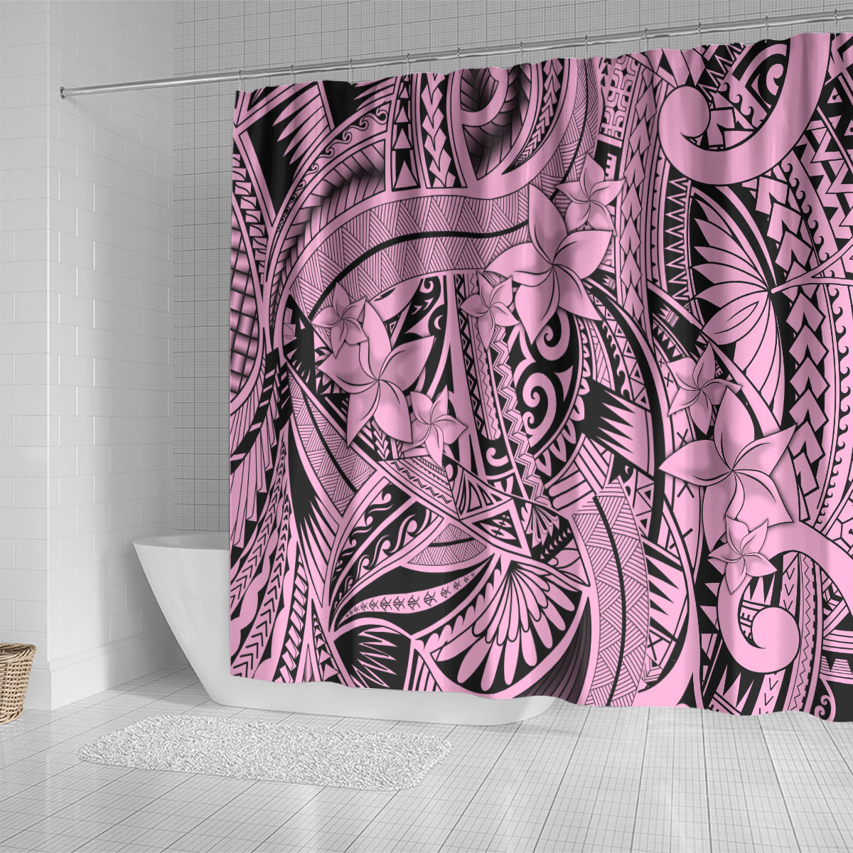 polynesia-shower-curtain-tribal-polynesian-spirit-with-pink-pacific-flowers