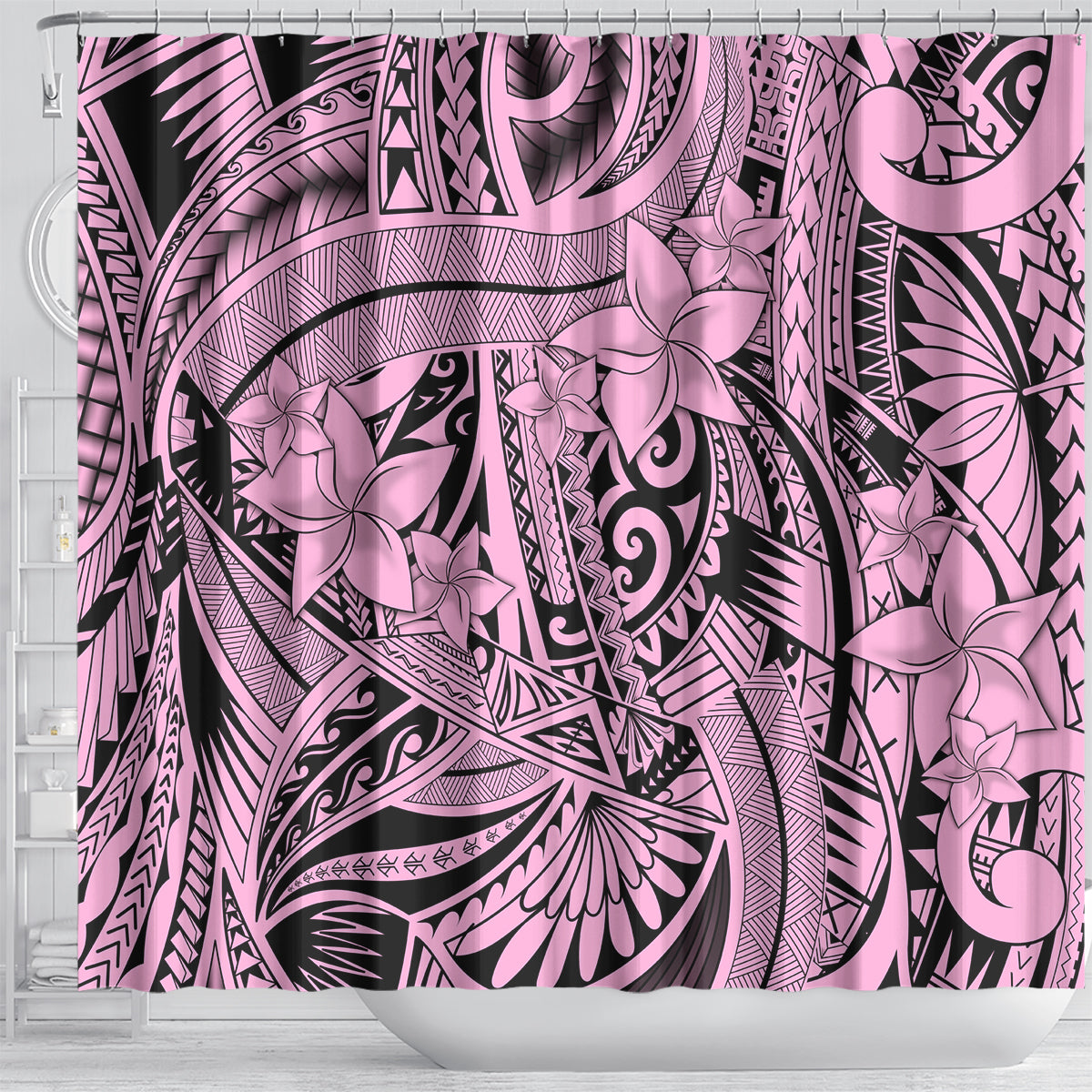 polynesia-shower-curtain-tribal-polynesian-spirit-with-pink-pacific-flowers