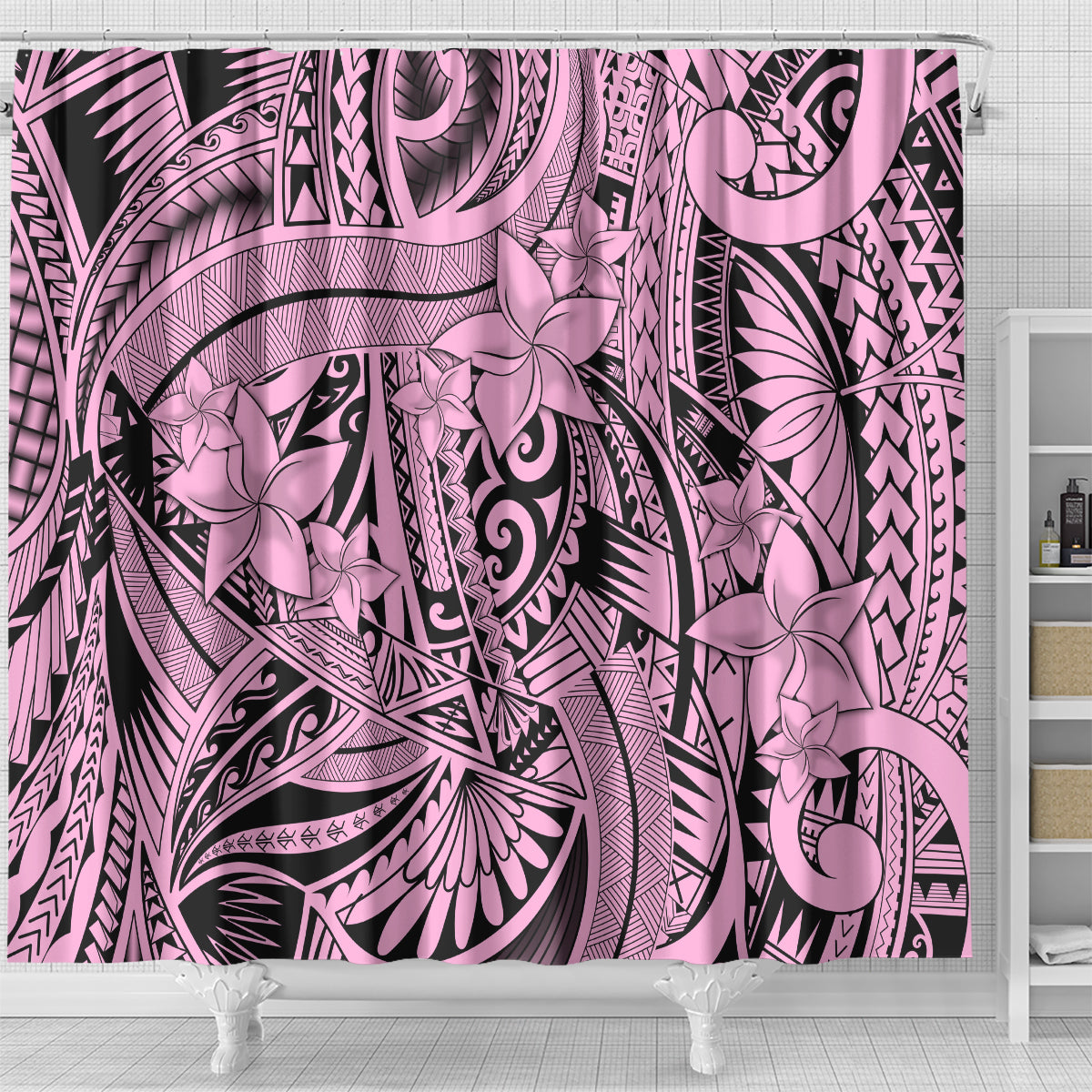 polynesia-shower-curtain-tribal-polynesian-spirit-with-pink-pacific-flowers