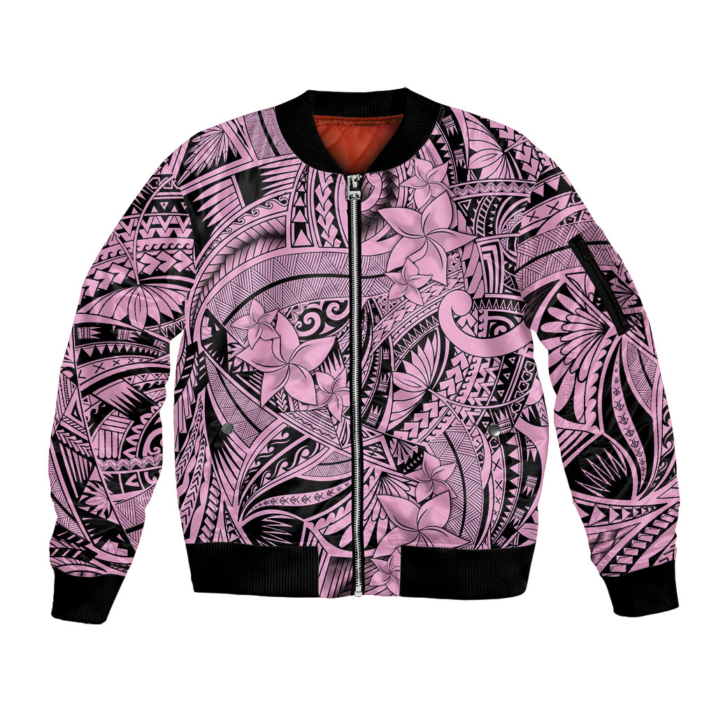 Polynesia Sleeve Zip Bomber Jacket Tribal Polynesian Spirit With Pink Pacific Flowers - Wonder Print Shop