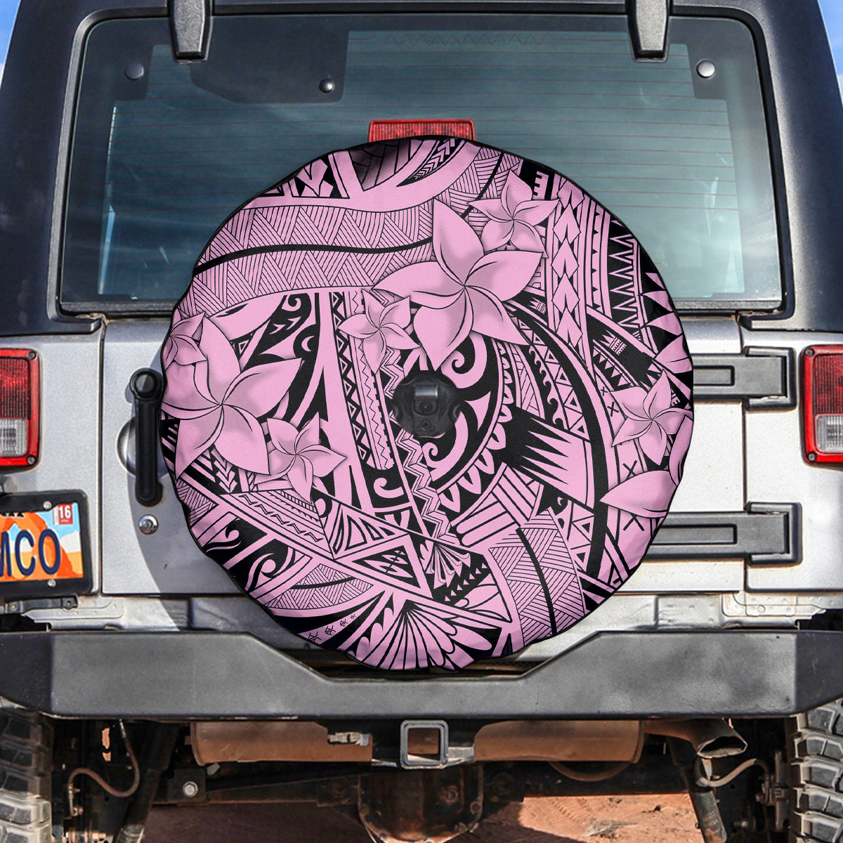 Polynesia Spare Tire Cover Tribal Polynesian Spirit With Pink Pacific Flowers - Wonder Print Shop