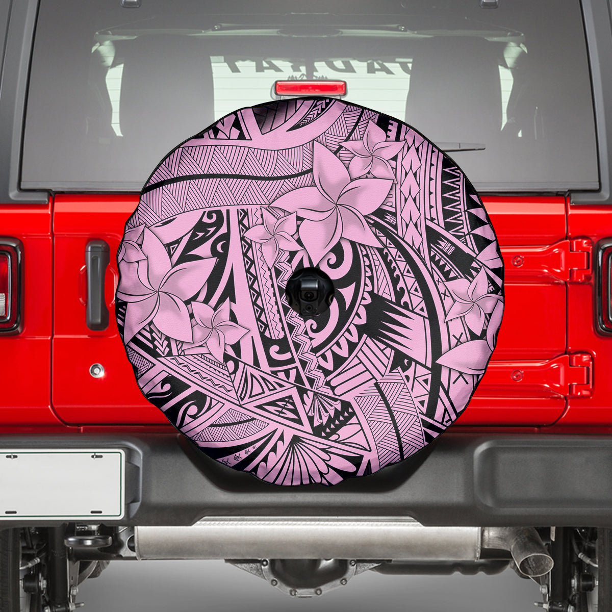 Polynesia Spare Tire Cover Tribal Polynesian Spirit With Pink Pacific Flowers - Wonder Print Shop