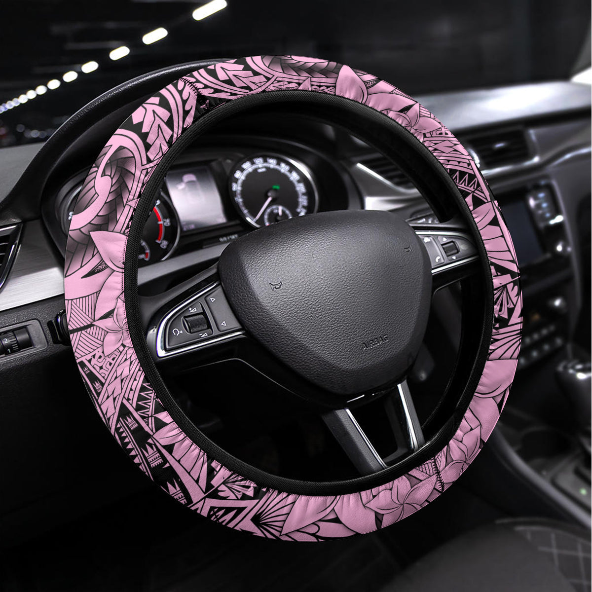 Polynesia Steering Wheel Cover Tribal Polynesian Spirit With Pink Pacific Flowers - Wonder Print Shop