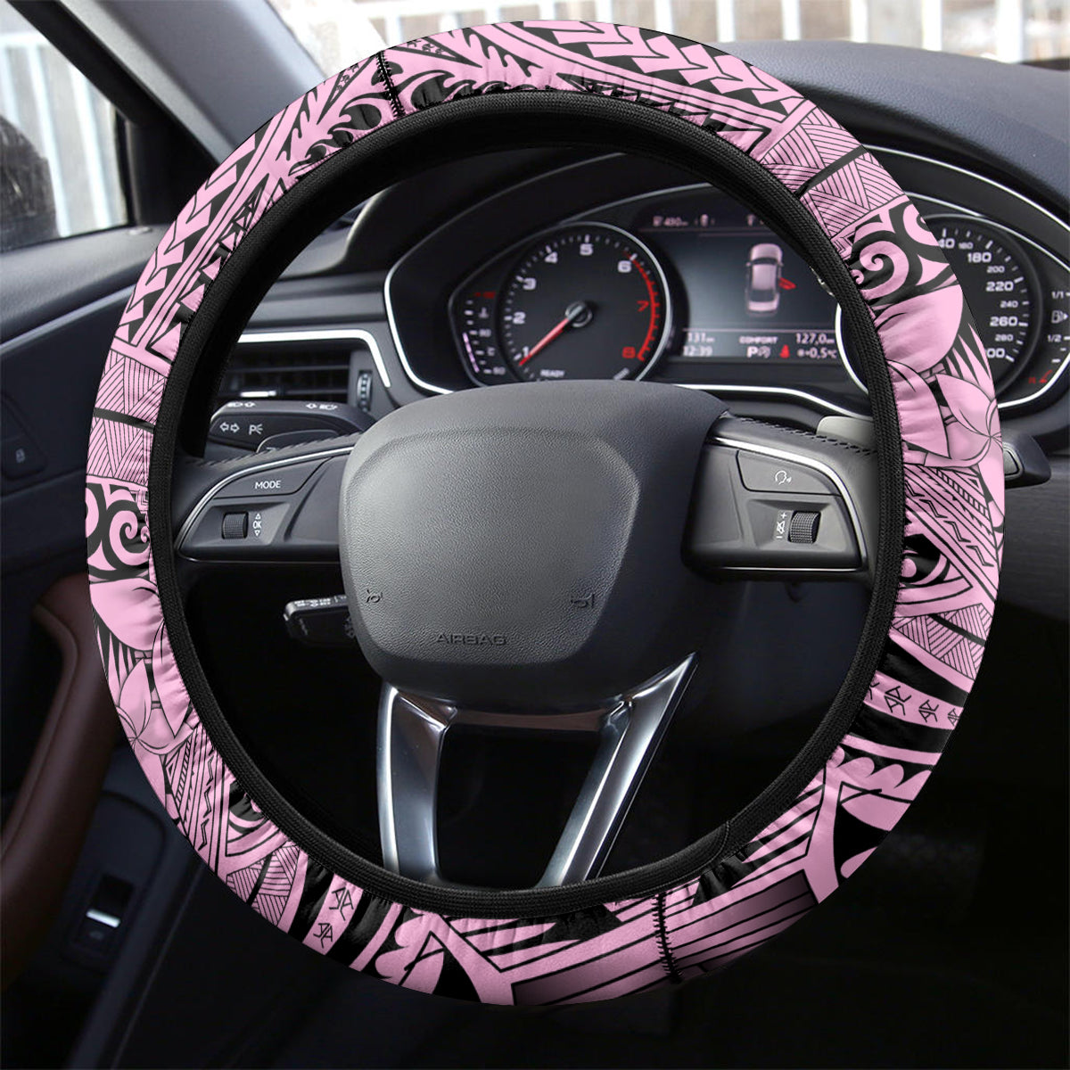 Polynesia Steering Wheel Cover Tribal Polynesian Spirit With Pink Pacific Flowers - Wonder Print Shop