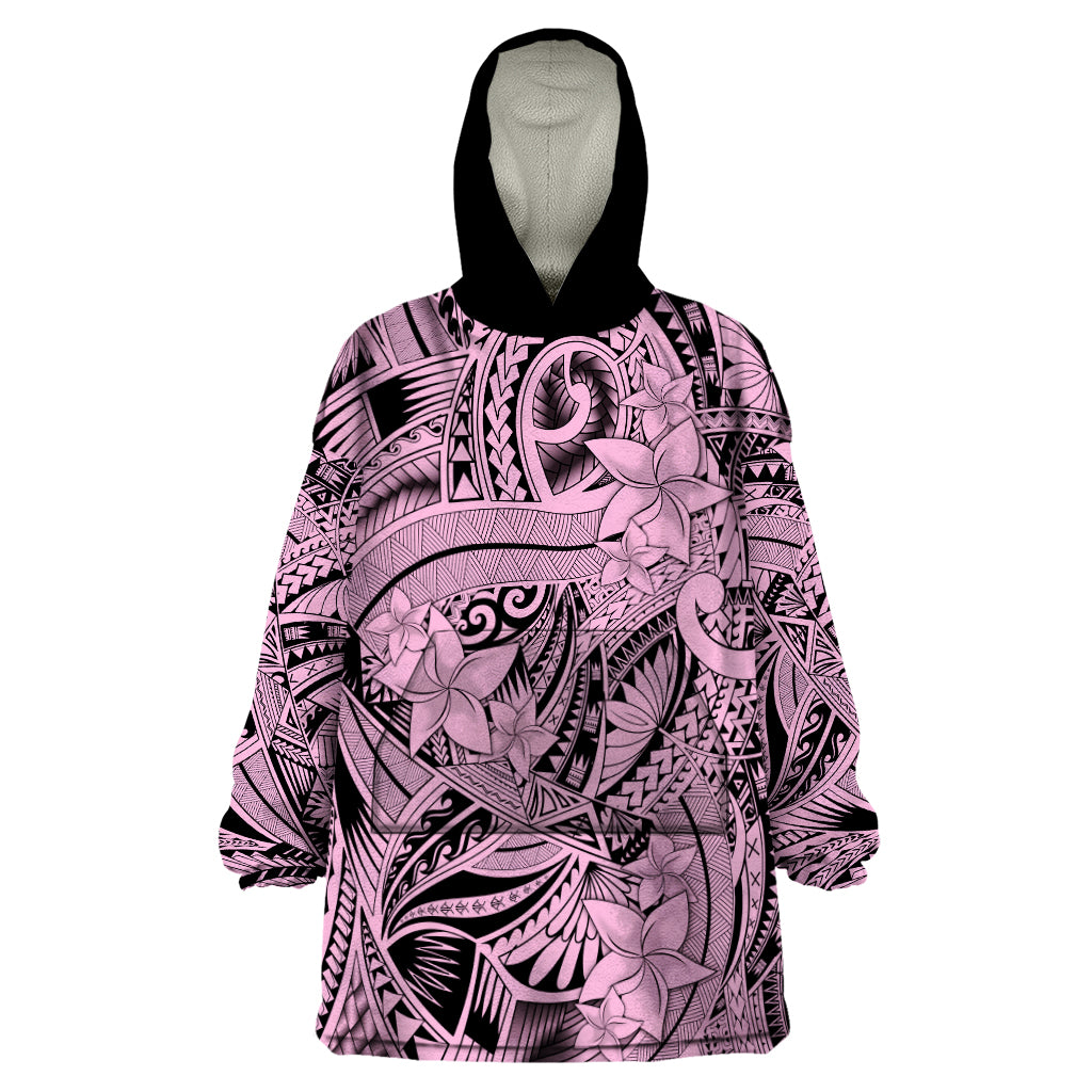 Polynesia Wearable Blanket Hoodie Tribal Polynesian Spirit With Pink Pacific Flowers - Wonder Print Shop