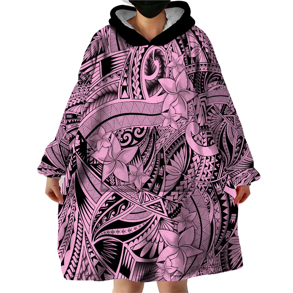 Polynesia Wearable Blanket Hoodie Tribal Polynesian Spirit With Pink Pacific Flowers - Wonder Print Shop