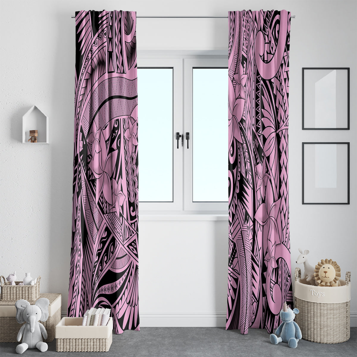 Polynesia Window Curtain Tribal Polynesian Spirit With Pink Pacific Flowers - Wonder Print Shop