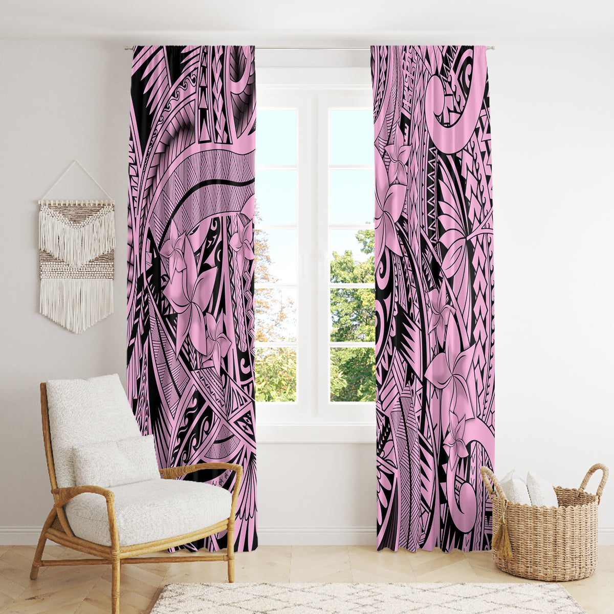 Polynesia Window Curtain Tribal Polynesian Spirit With Pink Pacific Flowers - Wonder Print Shop