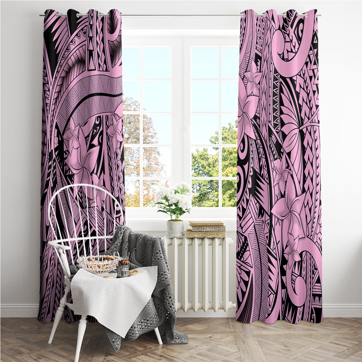 Polynesia Window Curtain Tribal Polynesian Spirit With Pink Pacific Flowers - Wonder Print Shop