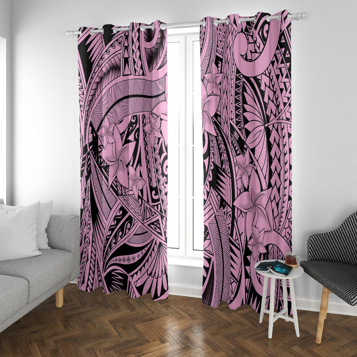 Polynesia Window Curtain Tribal Polynesian Spirit With Pink Pacific Flowers - Wonder Print Shop