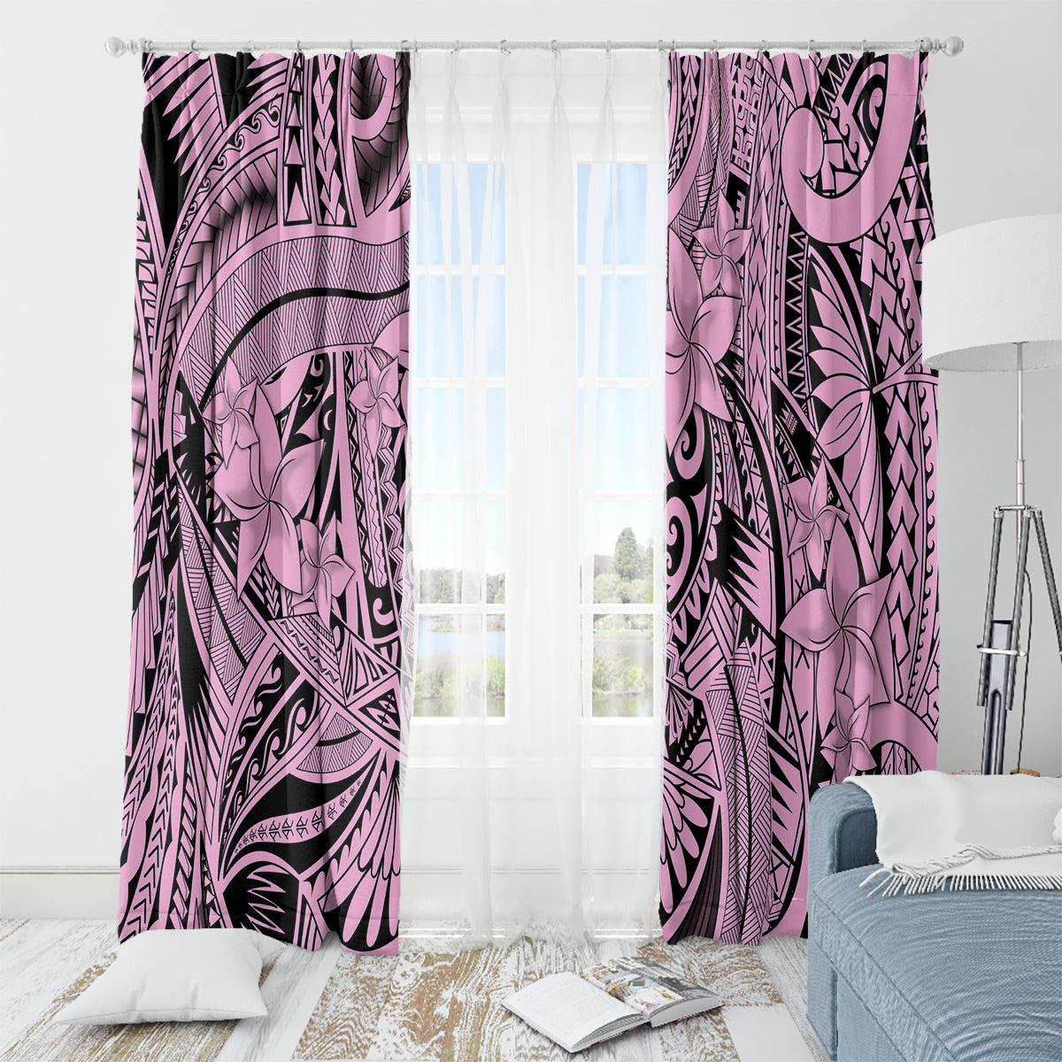 Polynesia Window Curtain Tribal Polynesian Spirit With Pink Pacific Flowers - Wonder Print Shop