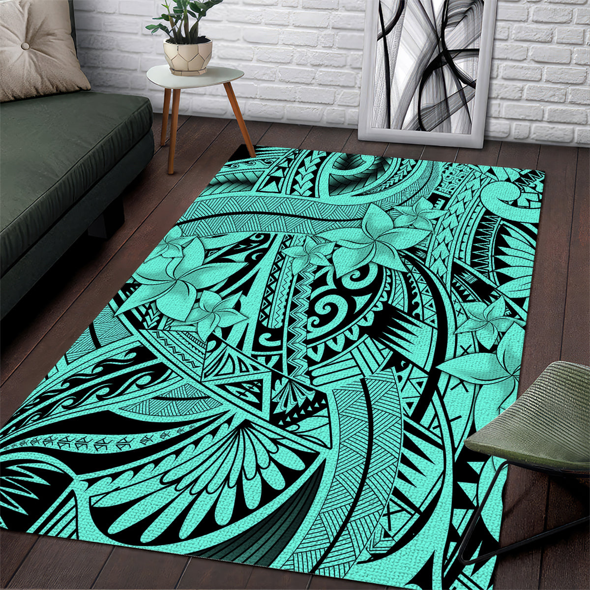 Polynesia Area Rug Tribal Polynesian Spirit With Teal Pacific Flowers LT9 - Wonder Print Shop