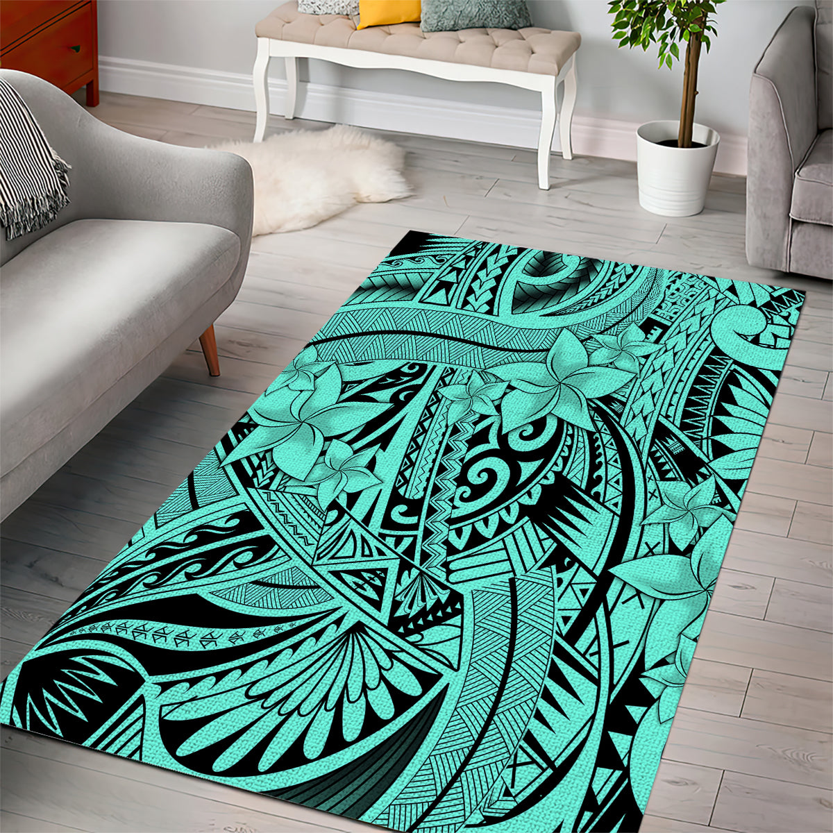 Polynesia Area Rug Tribal Polynesian Spirit With Teal Pacific Flowers LT9 - Wonder Print Shop