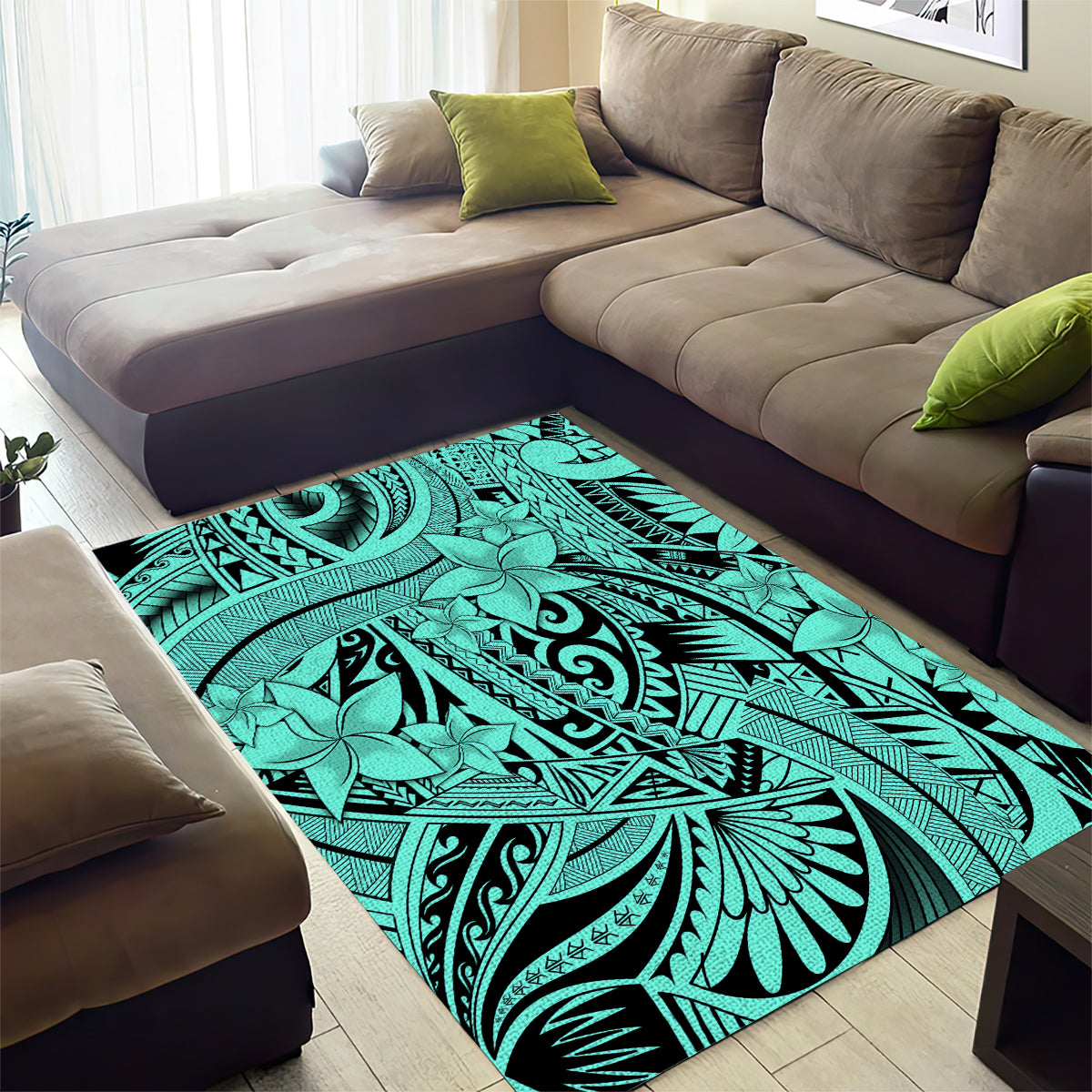 Polynesia Area Rug Tribal Polynesian Spirit With Teal Pacific Flowers LT9 - Wonder Print Shop