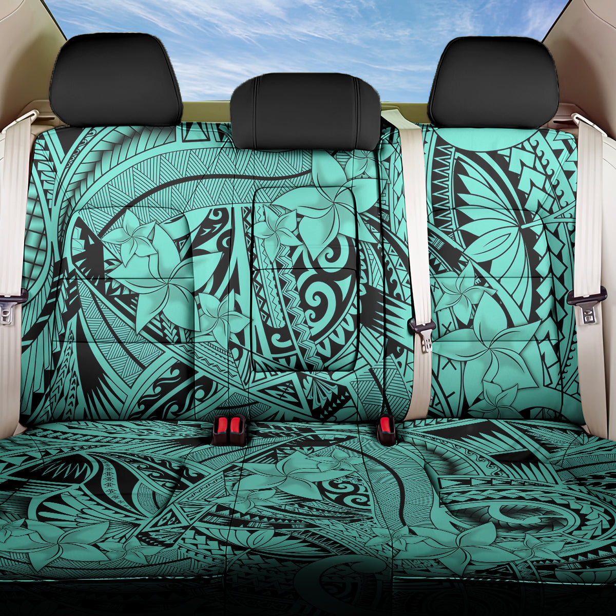 Polynesia Back Car Seat Cover Tribal Polynesian Spirit With Teal Pacific Flowers LT9 - Wonder Print Shop