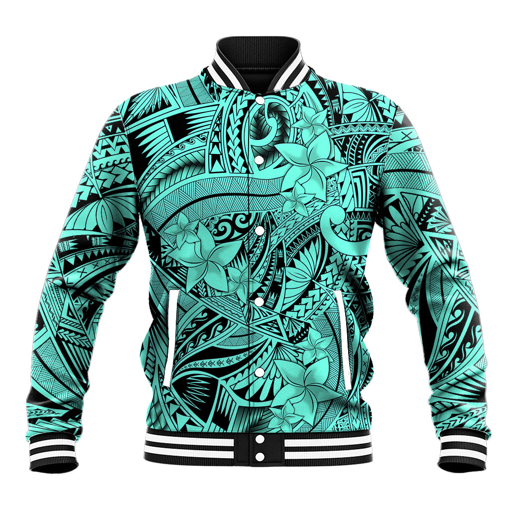 Polynesia Baseball Jacket Tribal Polynesian Spirit With Teal Pacific Flowers LT9 - Wonder Print Shop
