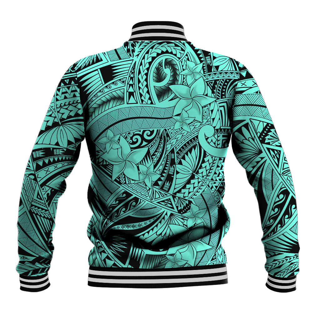 Polynesia Baseball Jacket Tribal Polynesian Spirit With Teal Pacific Flowers LT9 - Wonder Print Shop