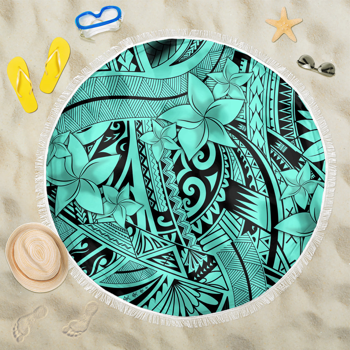 Polynesia Beach Blanket Tribal Polynesian Spirit With Teal Pacific Flowers LT9 - Wonder Print Shop