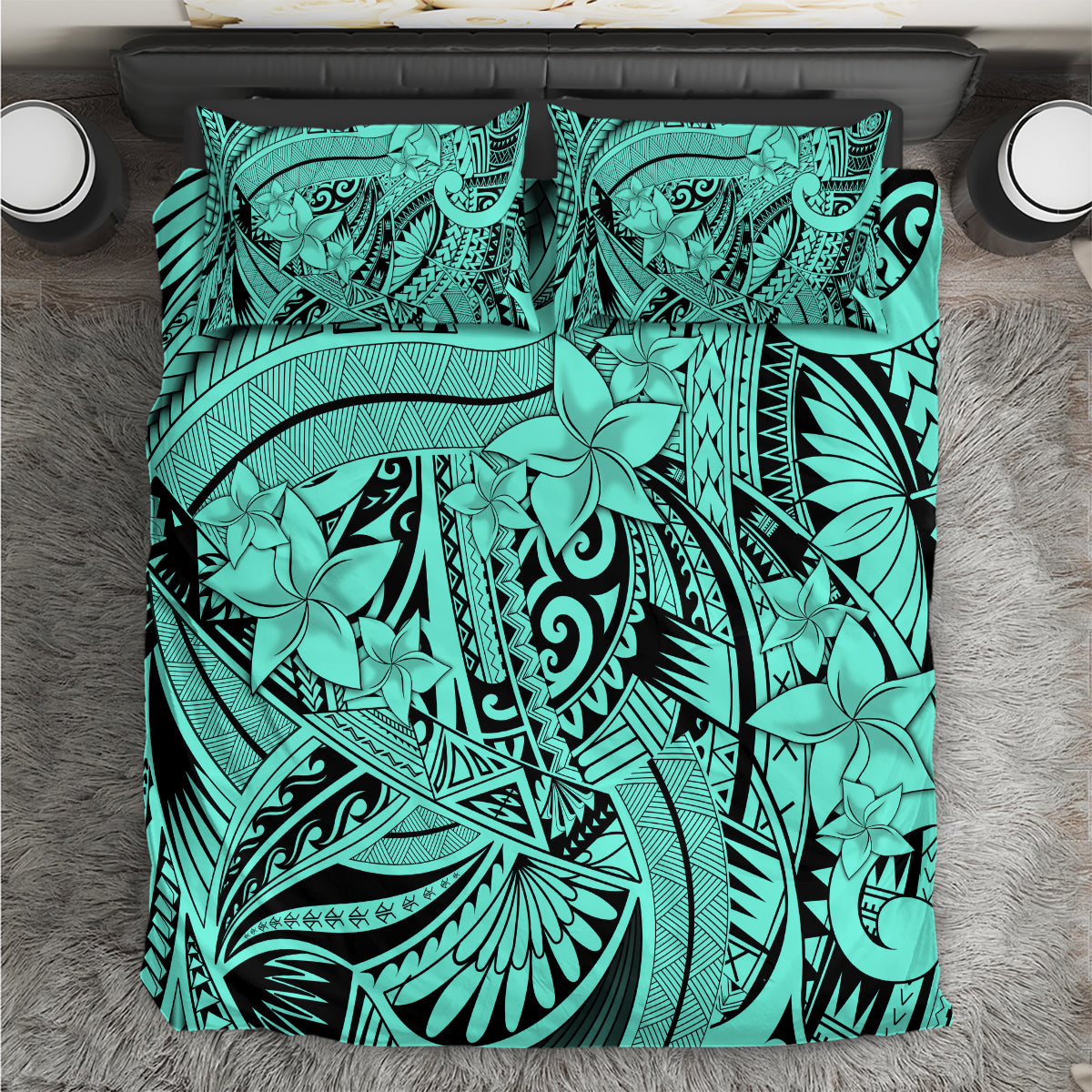 Polynesia Bedding Set Tribal Polynesian Spirit With Teal Pacific Flowers LT9 - Wonder Print Shop